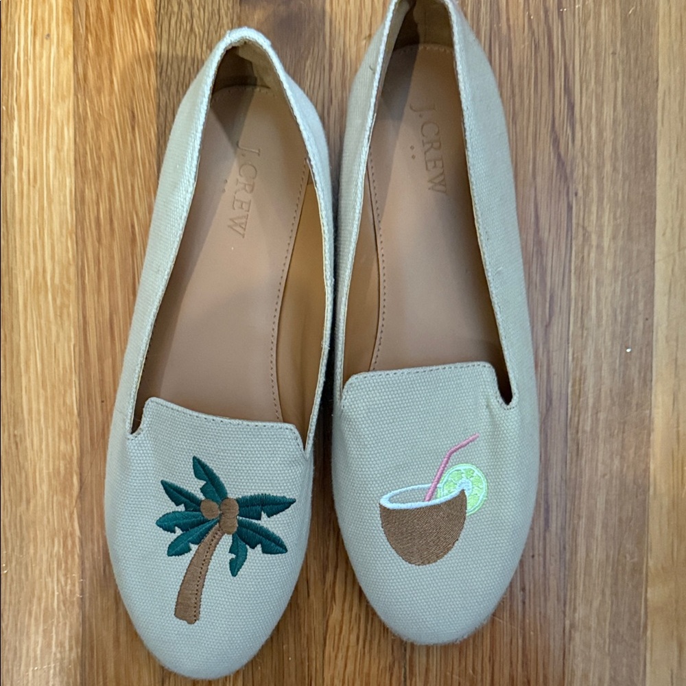 J. Crew Beige Loafers with Tropical Embroidery
